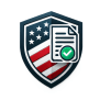 A shield with a waving American flag, a document claim on top with a green approval check mark